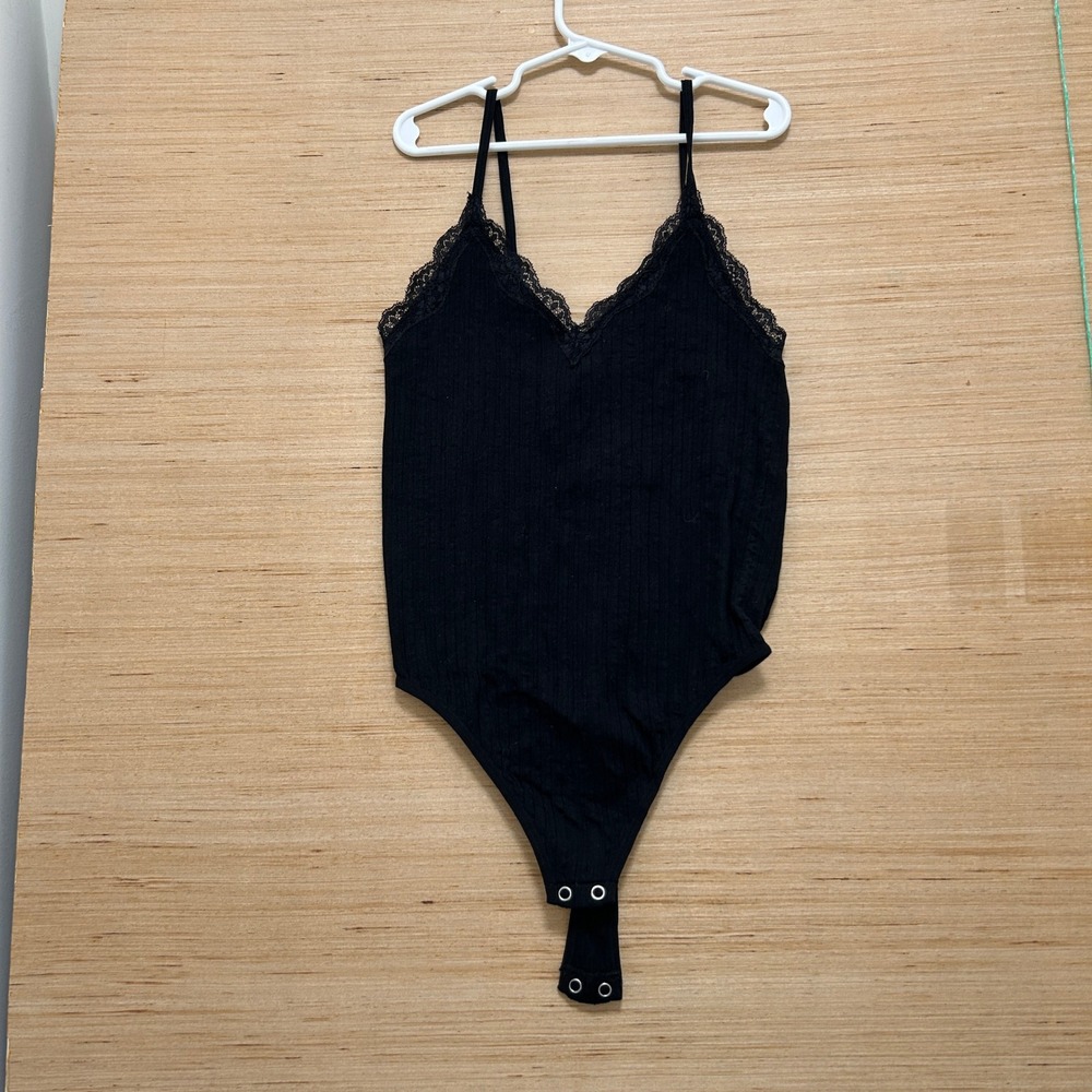 Altard State Intimates Black Ribbed Lace Trim Bodysuit WSL5113 Womens SM
